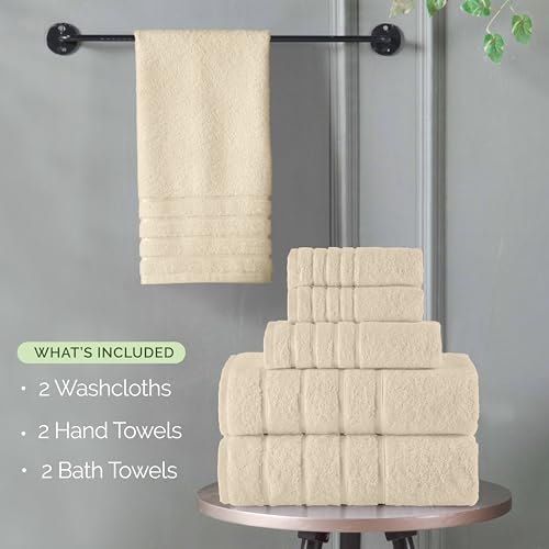 Image of Elegant Comfort 4 Lines Viscose Stripe 6-Piece Premium Towel Set - 100% Turkish Cotton High Absorbent Luxury Bathroom Towels - Includes 2 Washcloths, 2 Hand Towels and 2 Bath Towels Set, Ivory