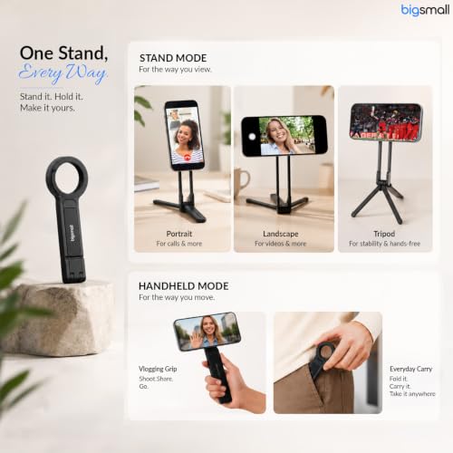 Image of Bigsmall MagClip Tripod Stand for iPhone & Smartphones | Foldable Magnetic Phone Holder with Clip | Portable Aluminum Stand for Vlogging, Video Calls & Travel | Includes 2 Magnetic Rings