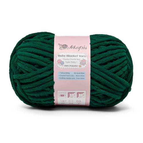 Image of Dark Green 7.05 oz /98.4 yds Chunky Chenille Yarn for Crocheting, #7 Super Bulky Baby Blanket Yarn for Crocheting Soft, Fluffy Velvet Yarn for Knitting, Amigurumi Crochet Yarn for Crafts