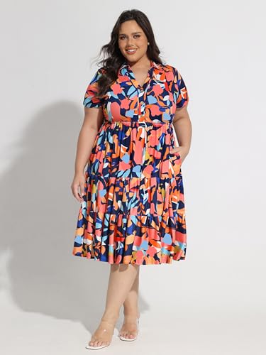 Image of CARCOS Plus Size Dresses for Curvy Women Collared Vneck Short Sleeve Dresses Midi Summer Ruffle Dress with Pocket XL-5XL