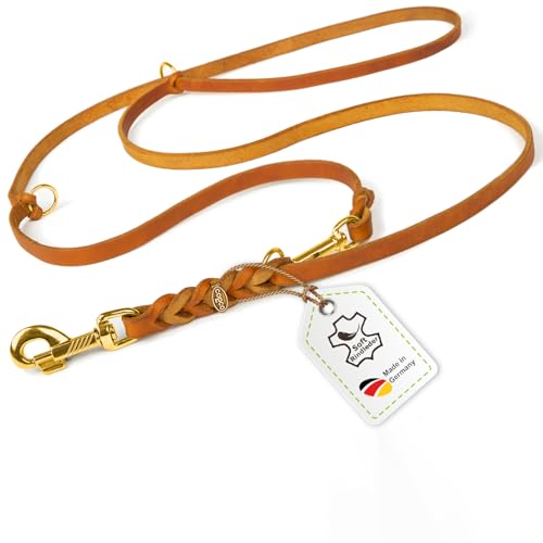 Hundeleine Leder 2m kleine Hunde leicht Fettlederleine [3-Fach Verstellbar] Lederleine geflochten – robuste Leine Hund mit Messingbeschlägen – Führleine Hund & Freihandleine zum Umhängen, Cognac 8mm