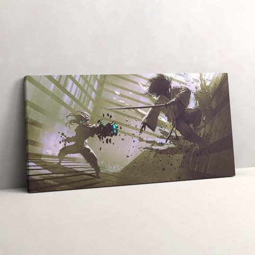 Combat de robots samouraïs tableau photo sur toile 120x60cm pour décoration murale moderne