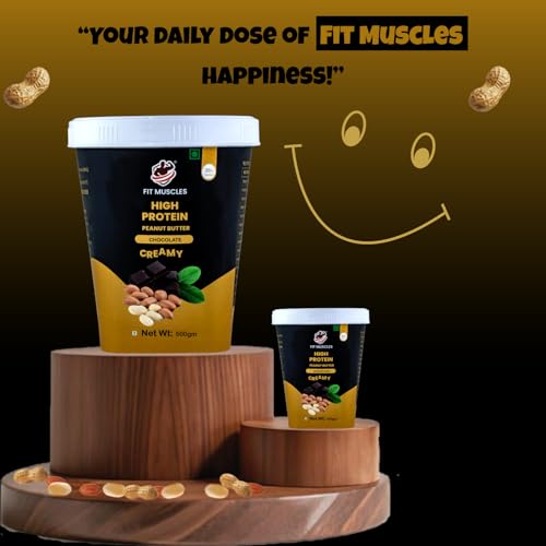 Image of Fit Muscles High Protein Chocolate Creamy Peanut Butter 500g, 36g Protein, Smooth Peanut Spread, Rich Chocolate Flavour, No Palm Oil, No Artificial Flavour, Healthy Breakfast & Gym Diet Food