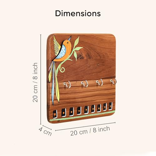Image of AAKRITI ART CREATIONS Key Holder, Kyoku Hand Painted Wooden Key Holder with Colorful Bird Art | Rustic Akasia Wood Wall Organizer with 4 Hooks | New Home Gifts.