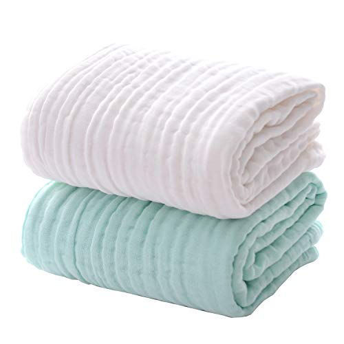 Image of MUKIN Baby Bath Towels, Super Soft Cotton Receiving Blanket for Baby's Delicate Skin,2Pack Swaddle Blanket for Newborns Toddlers Boy Girl,Baby Registry as Shower (White+Green)