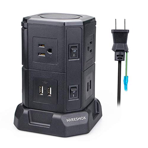 電源タップタワー型 延長コード usb コンセント 2層 6個口 USB×4ポート スイッチ付 省エネ急速充電 過負荷保護 oaタップ 雷ガード 2m ブラック PSE認証 NVEESHOX