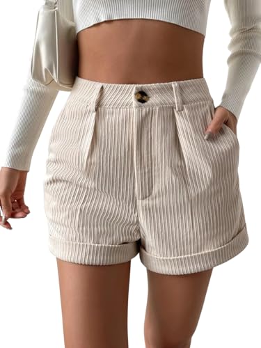 Image of Leriya Fashion Women's High Waist Tailored Shorts, Ribbed Poly Lycra Blend Summer Shorts with Pockets & Button Closure, Elegant Folded Hem Casual Wear for College, Brunch & Daily Outings