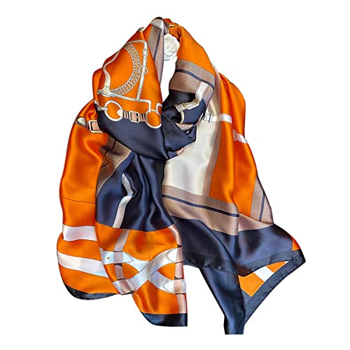 Aufeel Fashion Scarves 100% Satin Silk Scarf Long Lightweight Sunscreen Shawls Wraps for Women Hair Scarves (Orange Blue)
