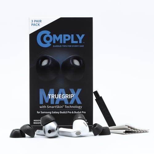 Comply TrueGrip MAX | Premium Memory Foam Replacement Earbud Tips for Samsung Galaxy Buds4 Pro & Buds3 Pro | Long-Lasting Comfort, Secure Fit, Noise Isolation | Black (Medium) (3 Pairs) by Comply - Used condition - CA$27.24