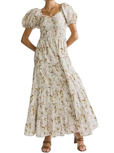 Image of SANSIWU Woman Floral Puff Sleeve Maxi Dress Square Neck Ruffle Flowy Long Dresses Summer Boho Tiered A Line Sundress (B-Apricot, M)