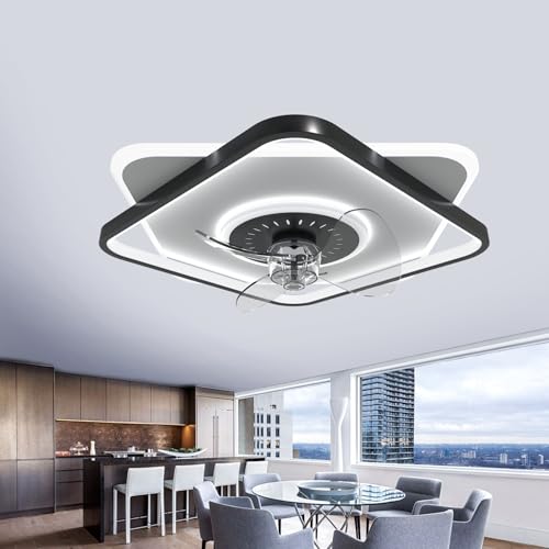 FRIXCHUR Low Profile Ceiling Fans with Lights and Remote, Fandelier Flush Mount, 3000K-6000K Smart Bladeless LED Fan Light, Modern Ceiling Fans with Lights for Bedroom