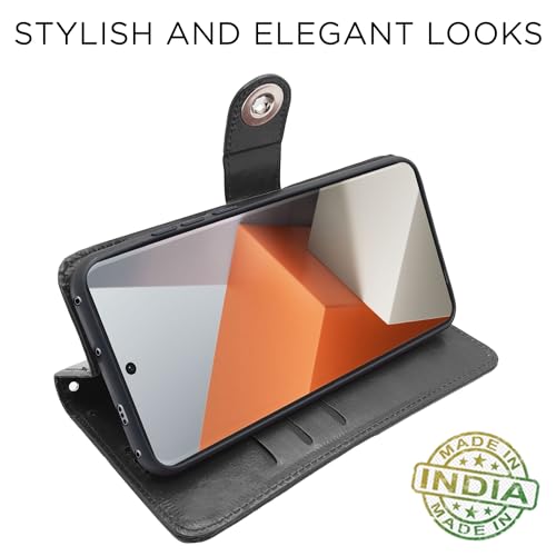 Image of Pikkme Redmi Note 13 Pro Plus 5G Flip Cover Leather Finish | Inside TPU with Card Pockets | Wallet Stand and Shock Proof | Magnetic Closing | Complete Protection Button Flip Case (Black)