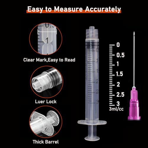 50 Pack 3ml/cc Disposable Luer Lock Lab Syringes with 18 Gauge 1.5 Inch Needle , Individually Sealed Packed