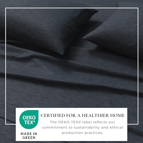 Image of Great Bay Home Cotton Jersey Knit Queen Sheet Set - Ultra-Soft, Stretchy, Heathered Melange Bed Sheets - Cozy, Soft T-Shirt Sheet & Pillowcase Set (Navy)
