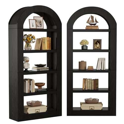 Image of Tribesigns 70.9'' Tall Arched Bookshelf with Storage, 5-Tier Wooden Open Bookcase Display Shelves Organizer for Living Room, Bedroom, Library, or Office, Black, 2PC