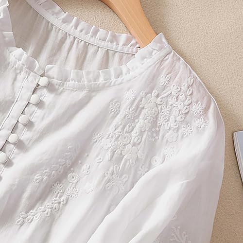 Women's Cotton Linen Button Short Sleeve Shirts Summer Loose Crew Neck Casual Boho Top Vintage Embroidered Blouse Tops3