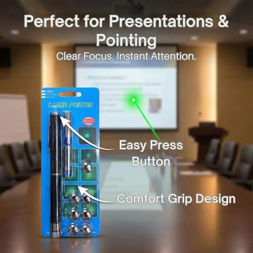 Image of SHAKTISM Laser Pointer Pen with 7 Interchangeable Pattern Heads | Metal Body Presentation Pointer | Star, Grid & Spiral Effects | Long Range Beam | Ideal for Teaching, Meetings & Outdoor