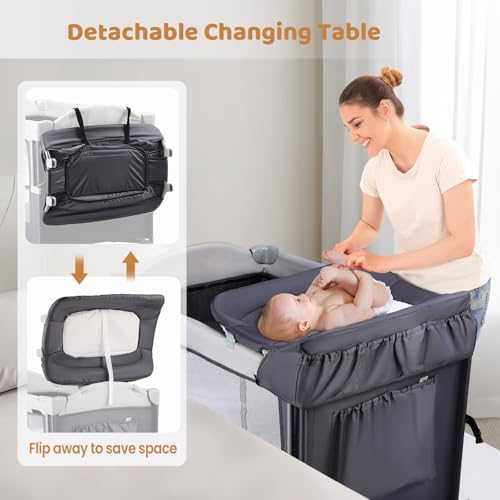 Image of JOYMOR Pack and Play with Changing Table, 5-in-1 Portable Baby Bedside Bassinet with Storage, Travel Crib with Carry Bag, Compact Fold (Gray)