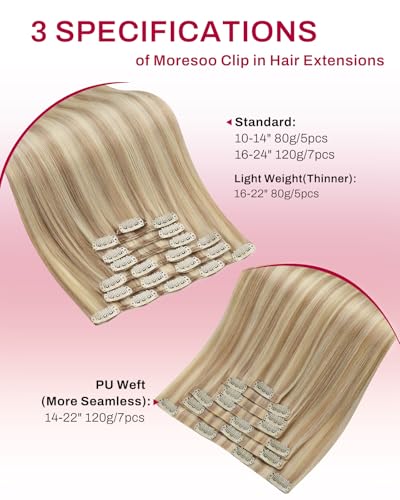 Image of Moresoo Clip in Human Hair Extensions, Highlight Blonde 18inch, PU Weft | Human hair clip in extensions, soft beige blonde to dirty blonde, 120g 7pcs, for social and dating, natural maintenance look