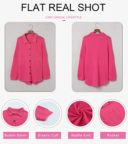 Dokotoo Womens Shacket Jacket Waffle Knit Button Down Tops For Women Casual Loose Fit Long Batwing Sleeve Blouses Lightweight Solid Color V Neck Shirts Hot Pink Large #TOP2