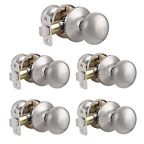 Best Cyber Monday 🔥 Probrico Classic Passage Door Knobs Brushed Nickel Interior Door Handles for Hallway and Closet, Stainless Steel Non-Locking Knobs Without Keys, 5 Pack
