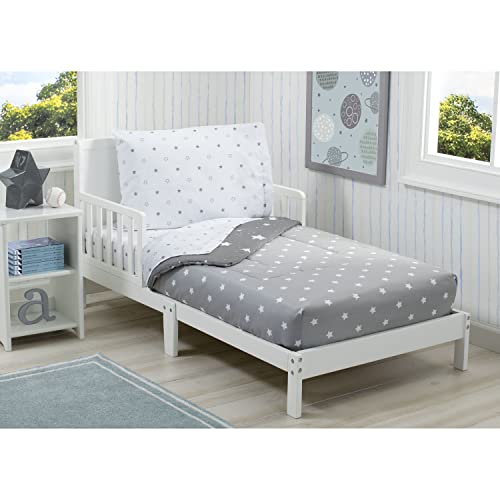 Delta Children 4 Piece Toddler Bedding Set For Boys - Reversible 2-In-1 Comforter - Includes Fitted Comforter To Keep Little Ones Snug, Bottom Sheet, Top Sheet, Pillow Case - Dusty Skies, Grey Stars #TOP3