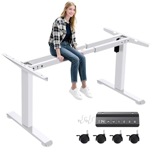 farexon Electric Stand Up Desk Frame Workstation, Dual-Beam Standing Desk Legs with Wheels&Hooks,200 lbs Capacity up to 71" x 31.5" Desktops, Ergonomic Table Base Workstation, White Frame Only