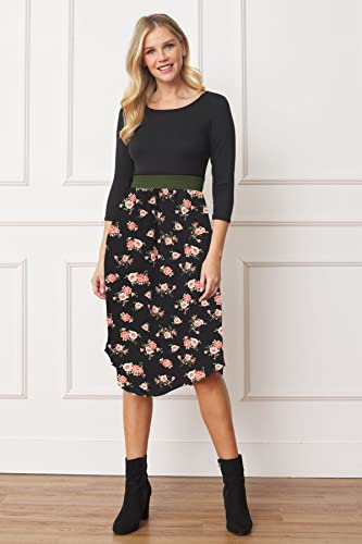 Image of Eloges Women's 3 /4 Sleeve Contrast Waist Band Floral Curved Hem Midi Dress