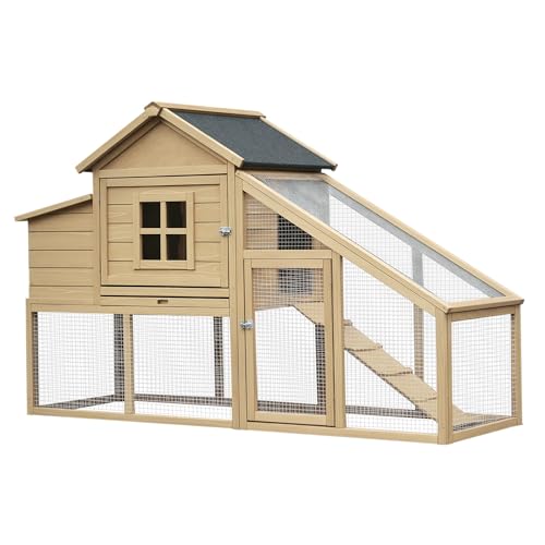 Image of PawHut 69 inch Wooden Chicken Coop, Poultry Cage Hen House with Connecting Ramp, Removable Tray, Ventilated Window and Nesting Box, Natural