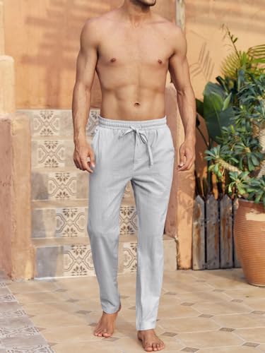 Image of PASLTER Mens Cotton Linen Pants Casual Summer Beach Pants Dress Trousers | Loose Fit, Elastic Drawstring Waist, Lightweight, Straight-Legs, Slacks, Yoga, Work, Vacation, Quick Dry