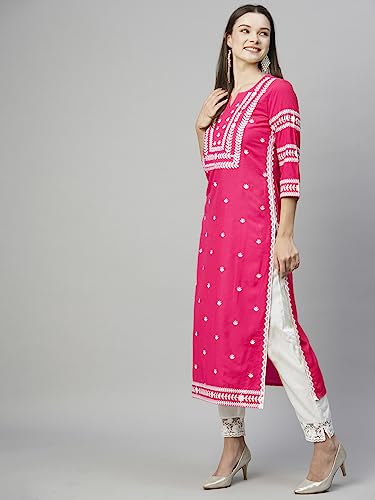 Image of ANNI Designer Women's Cotton Straight Fit Straight Viscose Chikankari Embroidered Kurta