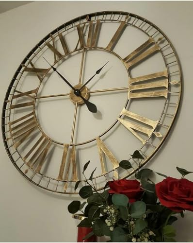 Extra Large Skeleton Wall Clock - Rustic Gold - Roman Numerals - Living Room Wall Art