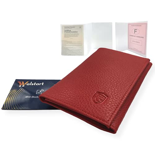 Porte Papier Voiture Cuir avec 2 Etuis Proteges Carte Grise et Permis - Porte Document Véhicule avec Rangement Assurance et vignettes -Bonus : Pochette Blocage RFID WalStart (Rouge)