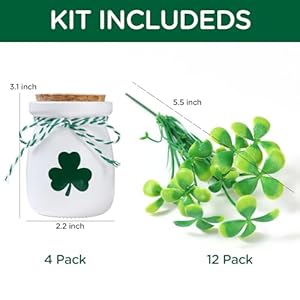 St Patricks Day Decorations 4pcs StPatricks Day Mini Jars with Artificial Shamrock Mini Vases for St Patricks Day Home Kitchen Table Fireplace Mantel Decor