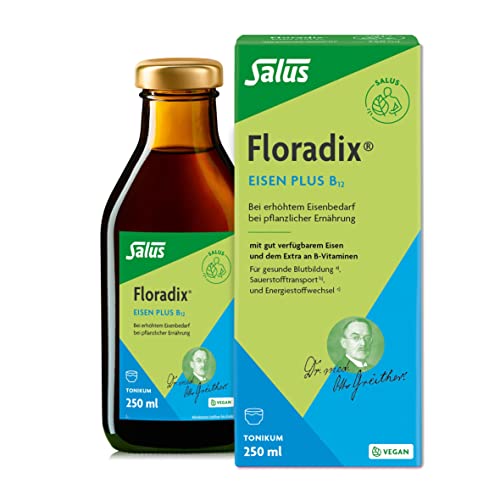 Salus Floradix Eisen plus B12 - Tonikum 1x 250 ml - mit wertvollen Kräuterextrakten gut verfügbarem Eisen und dem Extra an Vitamin B12 - bei erhöhtem Eisenbedarf - vegan