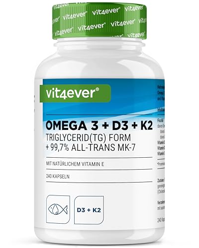 Omega 3 + Vitamina D3 + K2-240 Cápsulas (4 Meses) - Aceite de Pescado de Alta Dosis con EPA y DHA - Premium K2 All-Trans 99,7+% con Omega3 en Forma de Triglicéridos y D3 de Alta Biodisponibilidad