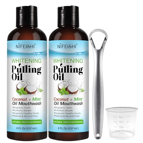 Coconut Pulling Oil 2PACK, Mint Mouthwash with Tongue Scraper for Fresher Breath, Alcohol Free Natural Coconut Oil Pulling for Teeth Whitening & Gum Health 8 Fl.Oz