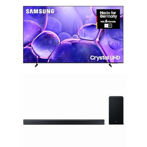Samsung Crystal UHD TV U8079F 4K 75 Zoll (189 cm) LED AI Fernseher mit MetalStream Design HW-B760GF B-Serie 5.1-Kanal-Soundbar mit kabellosem 6,5'-Subwoofer, Dolby Digital 5.1 & DTS Virtual