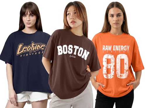 Image of LEOTUDE Women Cottonblend Drop Shoulder Oversized Round Neck Half Sleeve Tshirt, Longline Printed T-Shirt