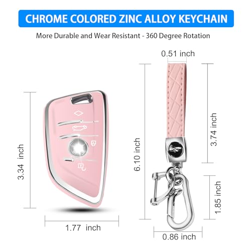 Image of QBUC for BMW Key Fob Cover with Leather Keychain | for BMW 2 5 6 7 Series X1 X2 X3 X5 X6 X7 Premium Soft TPU Key Fob Holder (1-Pink)