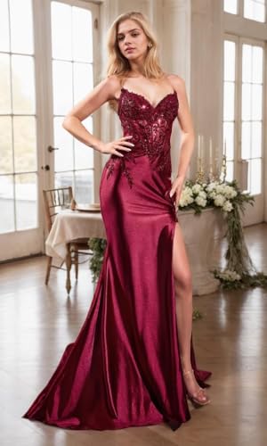 Satin Mermaid Prom Dresses for Women 2025 Strapless Sparkly Sequin Lace Appliques Evening Formal Dress with Slit4