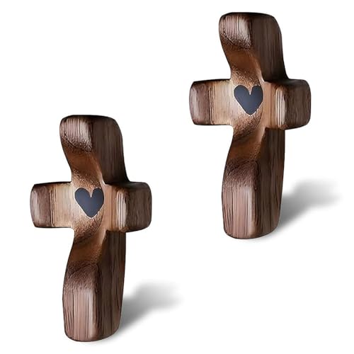 Vrouwengeld 2Pcs Wooden Pocket Cross My Heart Stress Relief Cross Fidget Wooden Cross Fidget Easter Gifts Encouragement Gift Ideas for Children Men Women Pocket Prayer Cross Portable Wall Cross