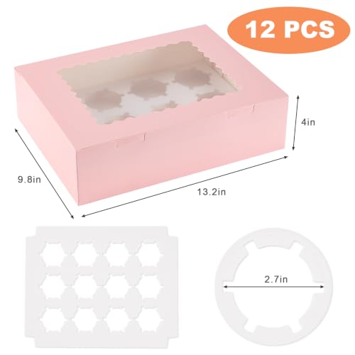 Image of Hoewina 12PCS Cupcake Boxes - Hold 12 Count Cupcake Containers with Window, Food Grade Cupcake Holder Easy Transport and Presentation - Ideal for Cupcakes, Desserts, and More (Pink)