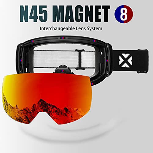 Image of MAXJULI Ski Goggles Men Women with Cover,OTG Snow Goggles with Magnetic Interchangeable Anti-Fog HD Lens UV Protection (Black Frame /Red Lens)