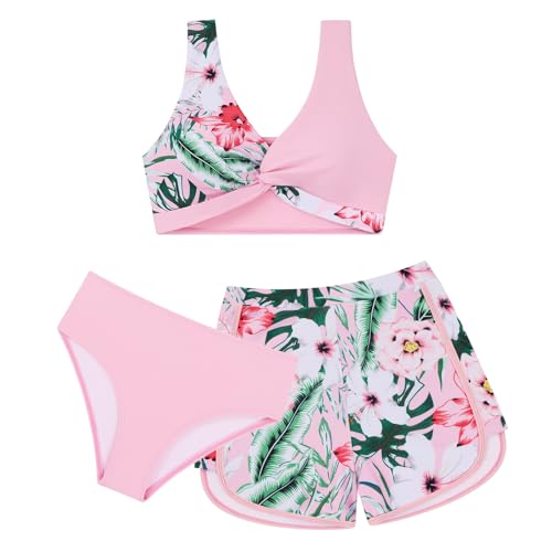 Image of Weixinbuy Girl's 3 Piece Swimsuit Teen Swimwear Tropical Print Twist Cross Bikini Bathing Suit with Cover Up Shorts Size 9-16