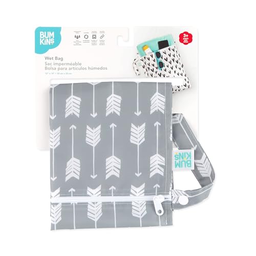 Bumkins Waterproof Wet Bag for Baby, Travel, Swim Suit, Cloth Diapers, Pump Parts, Pool, Beach, Gym Clothes, Toiletry, Hook to Stroller, Daycare, Zipper Reusable Wetdry Packing Pouch, Gray Arrows