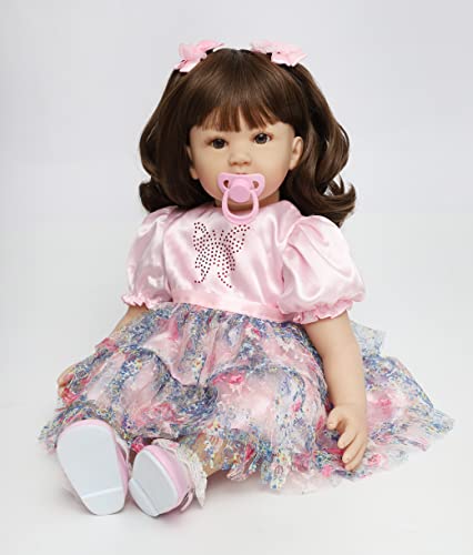24 Pouces 60 Cm Poupée Reborn Fille Souple en Silicone Réaliste en Vinyle Souple Poupée bébé Cheveux Longs Reborn Fille Robe Violette et Petit Ours Jouets pour Enfants, Cadeaux Cover