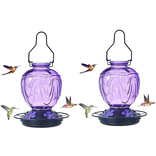 Image of 2 Pack Glass Hummingbird Feeder for Outdoors Hanging, 24Ozs Humming Bird Nectar Feeder w /Perch, 5 Flower Feeding Ports, Leak Proof Base and Hook for Outside Garden Backyard Decor, Purple