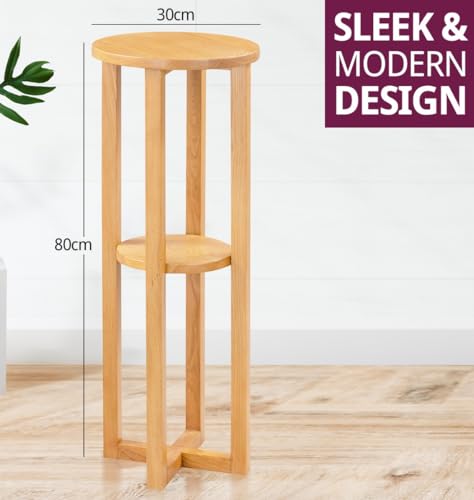 Hallowood Furniture Waverly Oak Round Side Table with Shelf, Wooden Narrow Tall Table, Slim Living Room Tables, Solid Oak Side Tables for Bedroom, and Small Spaces, Tall Plant Stand