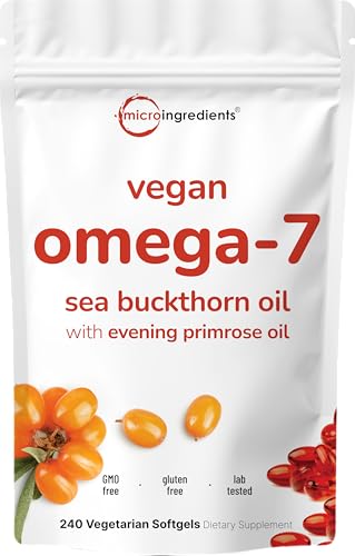 Vegan Omega-7 Sea Buckthorn Oil 240 Vegetarian Softgels | 2-in-1 with Evening Primrose Oil | Plant Based Botanical Oil Blend | Non-GMO Gluten & Carrageenan Free